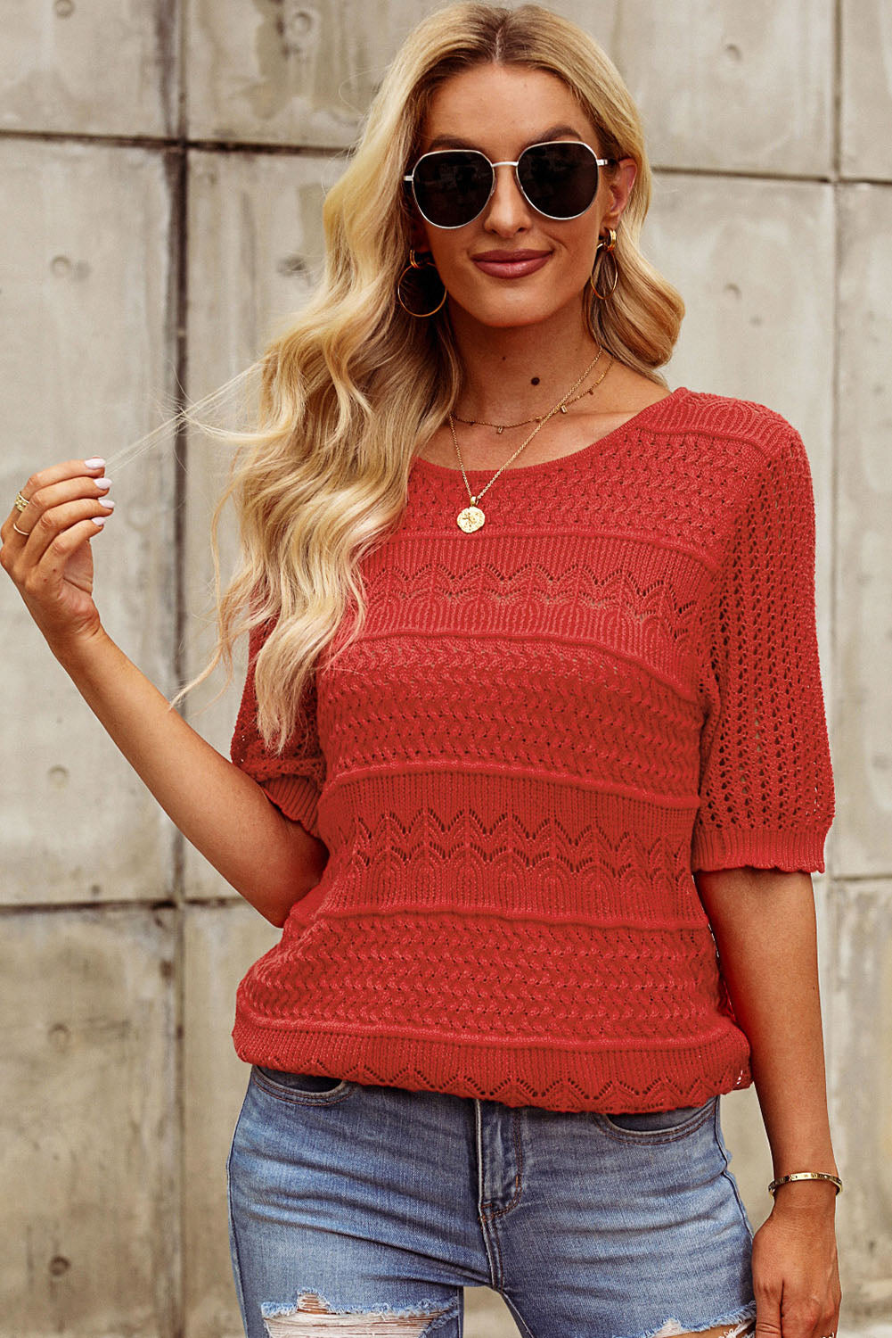 TEEK - Brick Red Open Knit Half Sleeve Knit Top TOPS TEEK Trend   