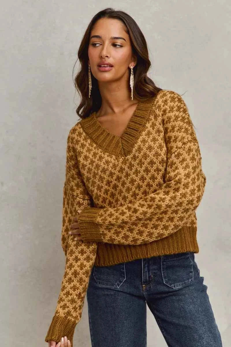 TEEK - Color Block Textured Sweater V-Neck Top TOPS TEEK Trend