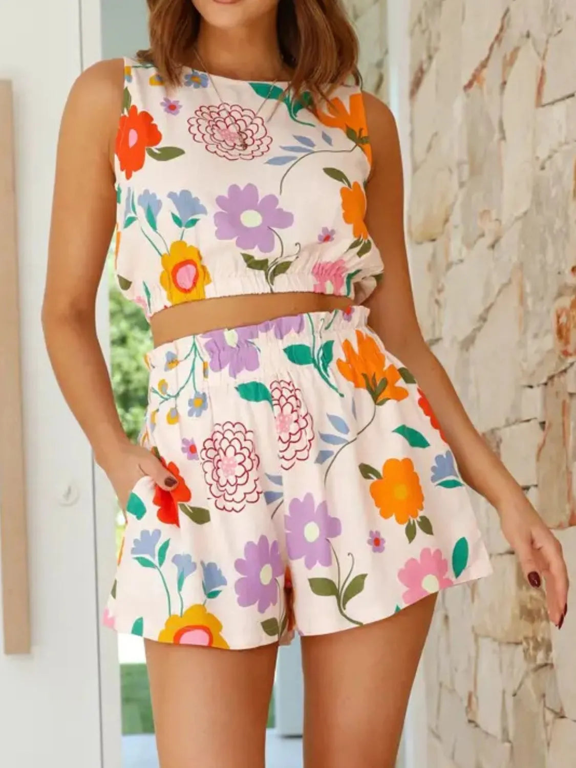 TEEK - Floral Round Neck Tank and Shorts Set SET TEEK Trend