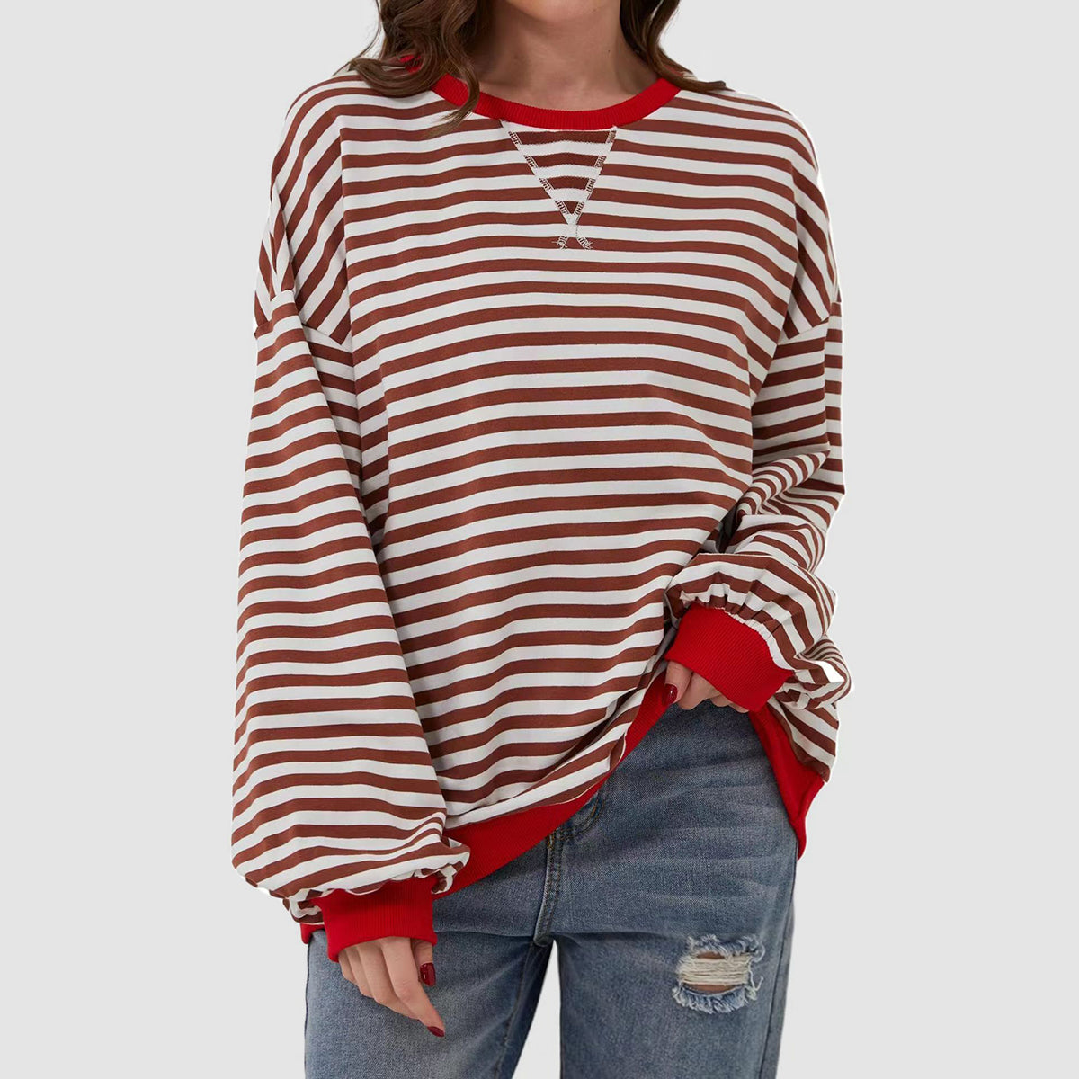 TEEK - Striped Round Neck Long Sleeve Shirt TOPS TEEK Trend Chestnut S 