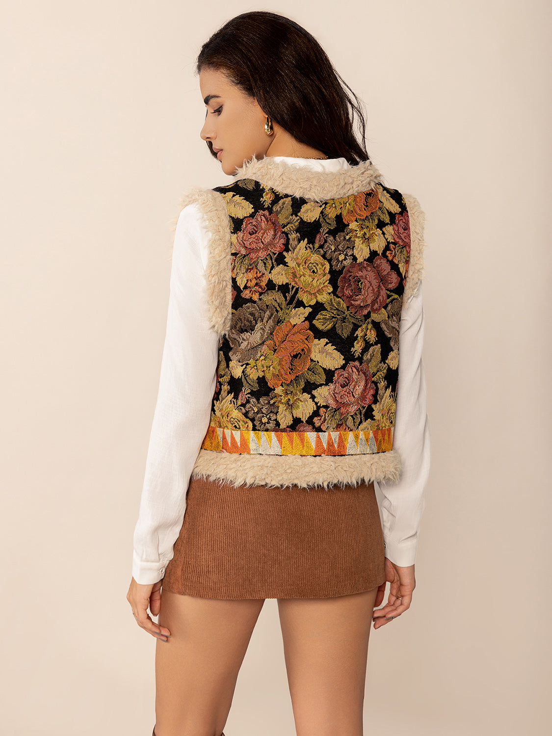 Embroidered Fuzzy Trim Open Front Vest Coat TEEK Trend