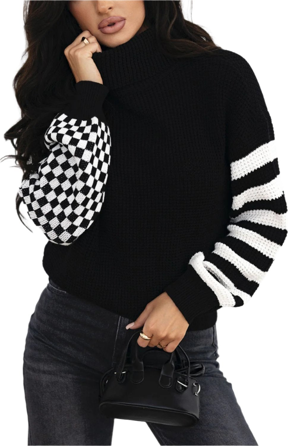 TEEK - Striped & Checkered Turtleneck Dropped Shoulder Sweater TOPS TEEK Trend Black S