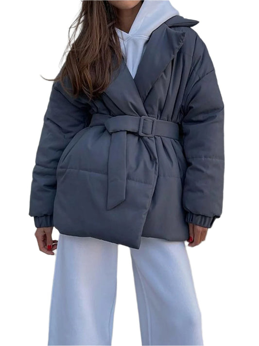 Puffer Long Sleeve Winter Coat with Belt TEEK Trend Gray S