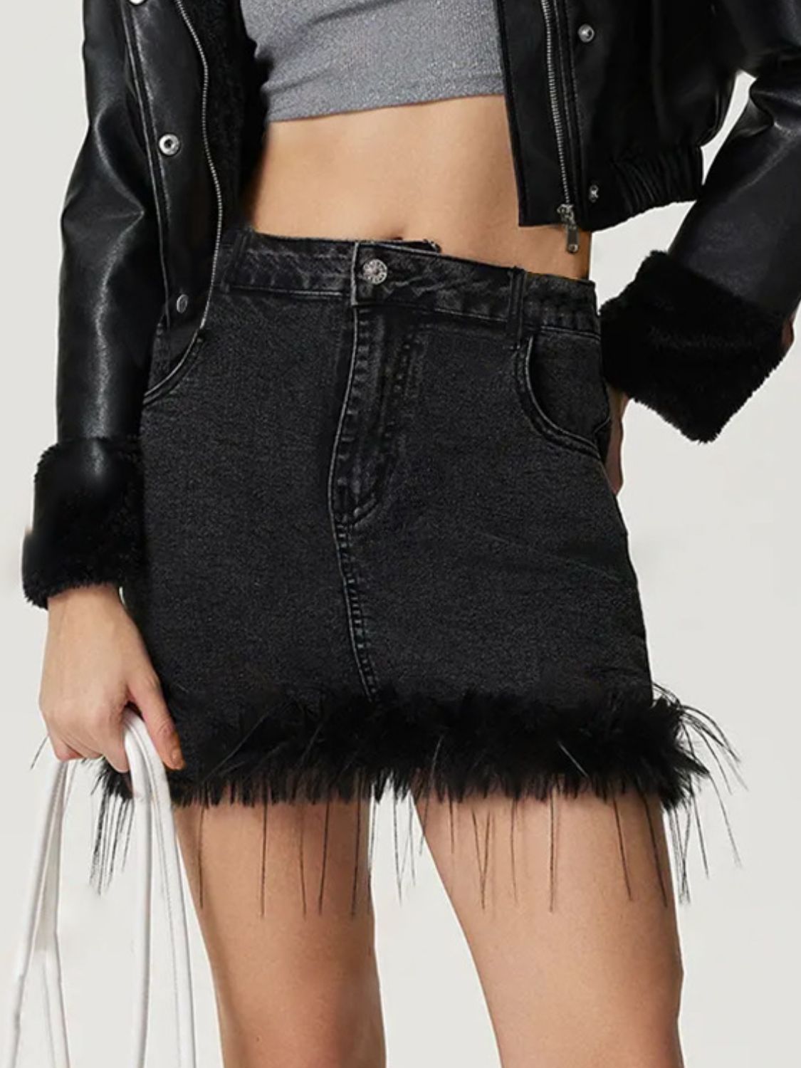 TEEK - Black Plush Hem Mini Denim Skirt TEEK Trend