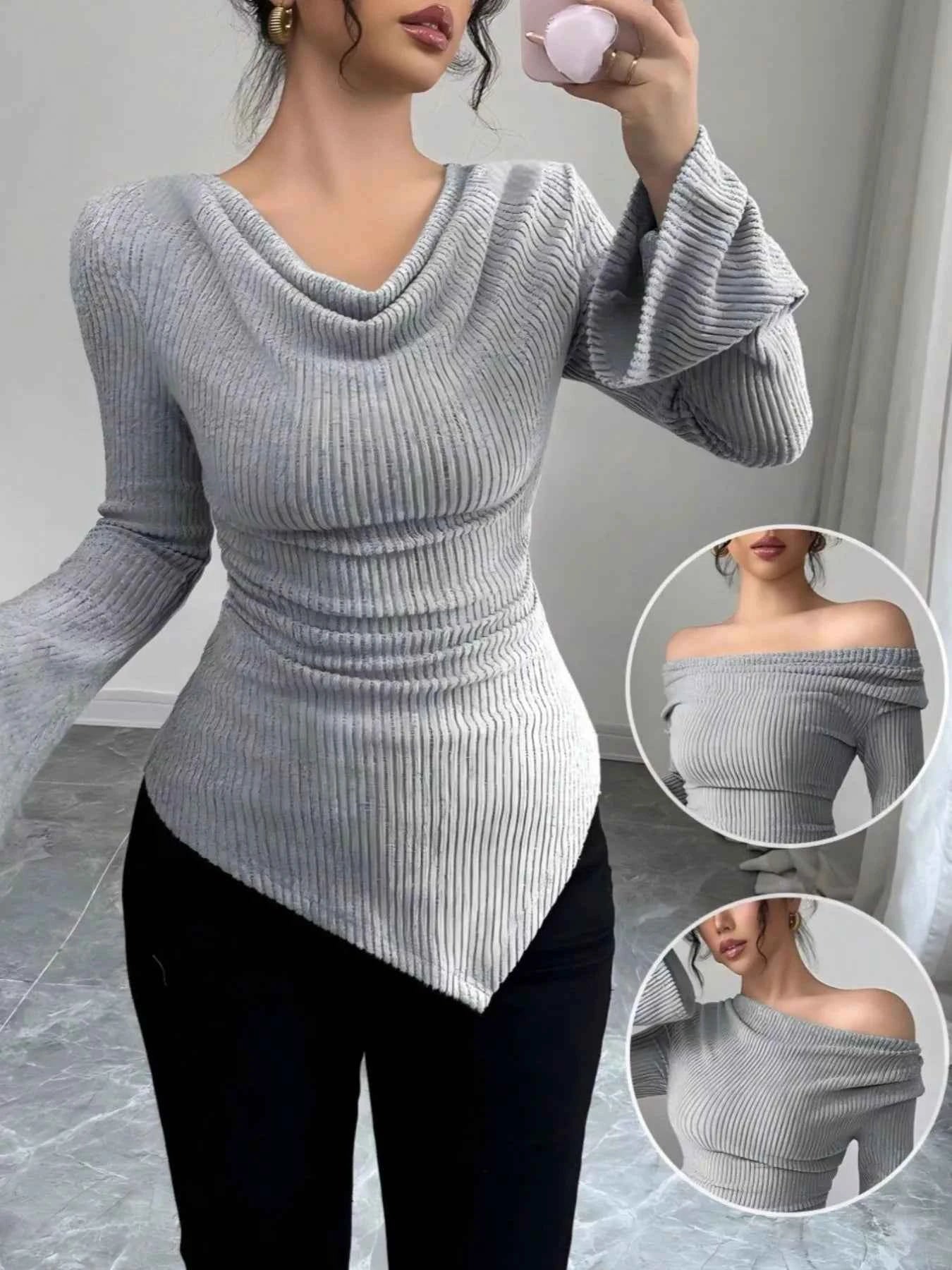 TEEK - Off-Shoulder Bell Sleeve Ribbed Blouse TOPS TEEK Trend