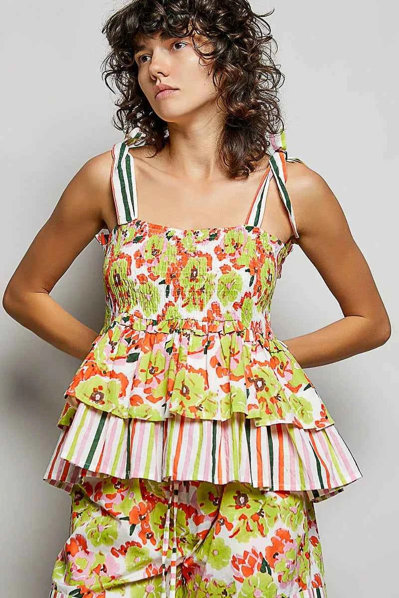 POL Floral Smocked Ruffled Cami with Tie Shoulder Straps Trendsi