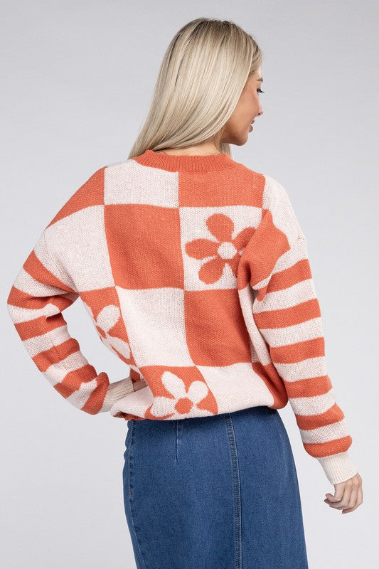 TEEK - Orange Floral Block Drop Shoulder Sweater SWEATER TEEK FG   