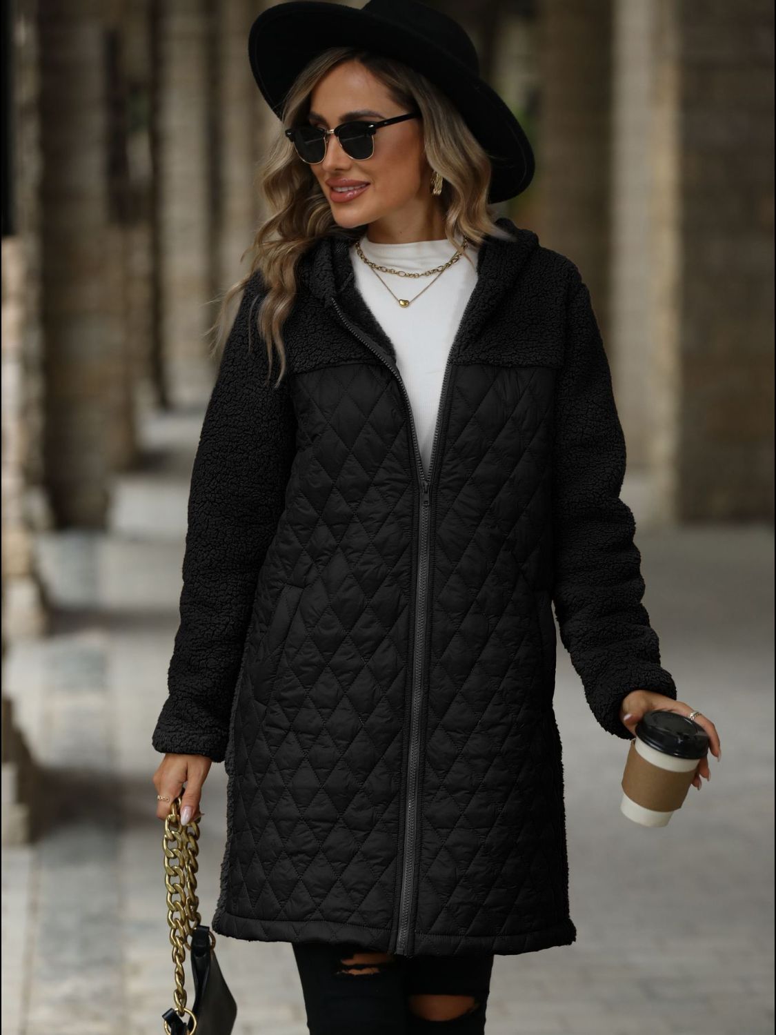 TEEK - Texture Zip Up Long Sleeve Hooded Coat COAT TEEK Trend Black S