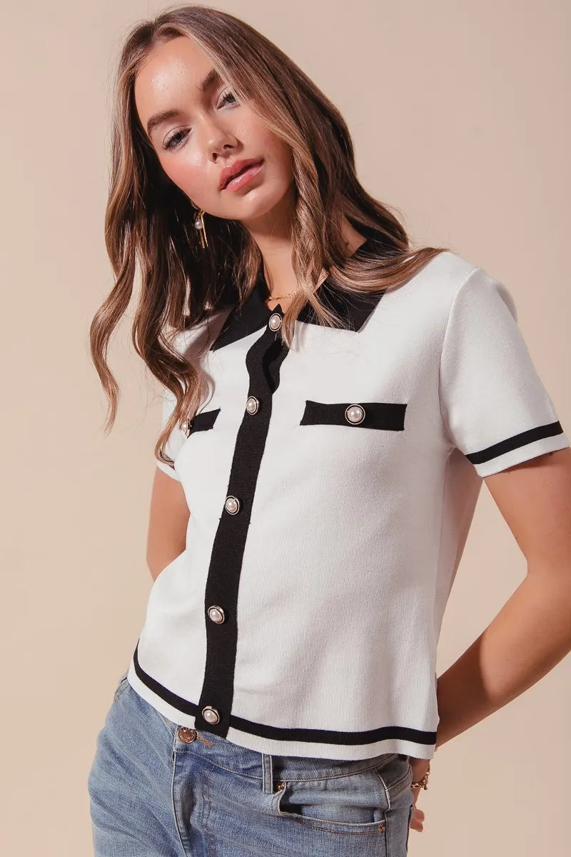 TEEK - Ivory Black Button Down Knitted Sweater Shirt Top TOPS TEEK Trend