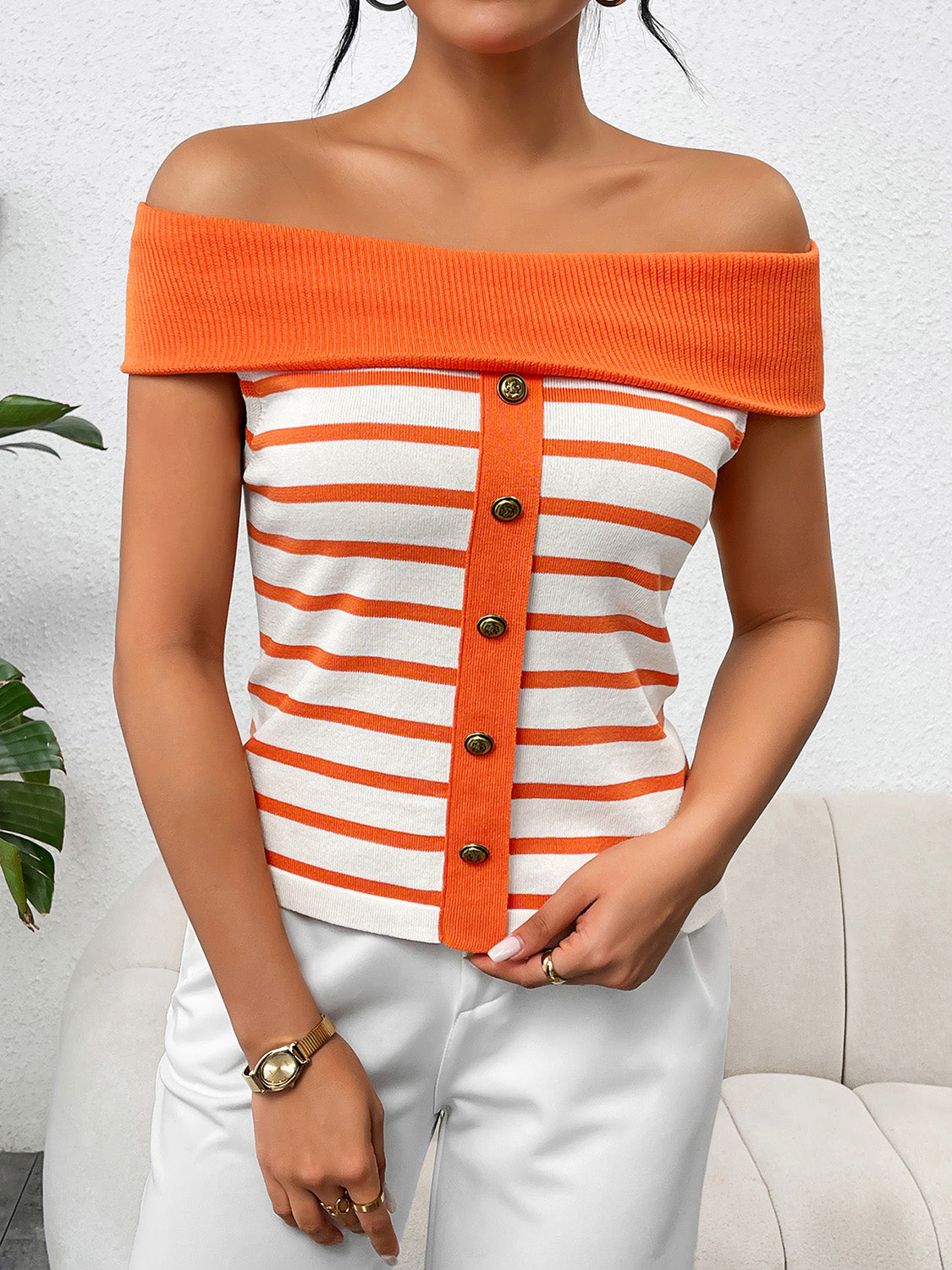 TEEK - Decor Button Striped Off-Shoulder Knit Top TOPS TEEK Trend   