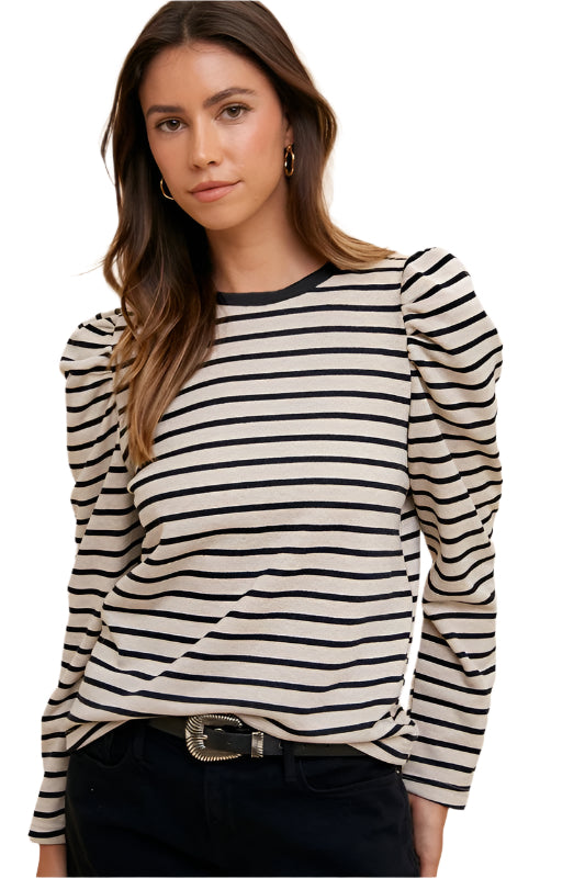 TEEK - Black Striped Round Neck Puff Sleeve French Terry Top TOPS TEEK Trend S