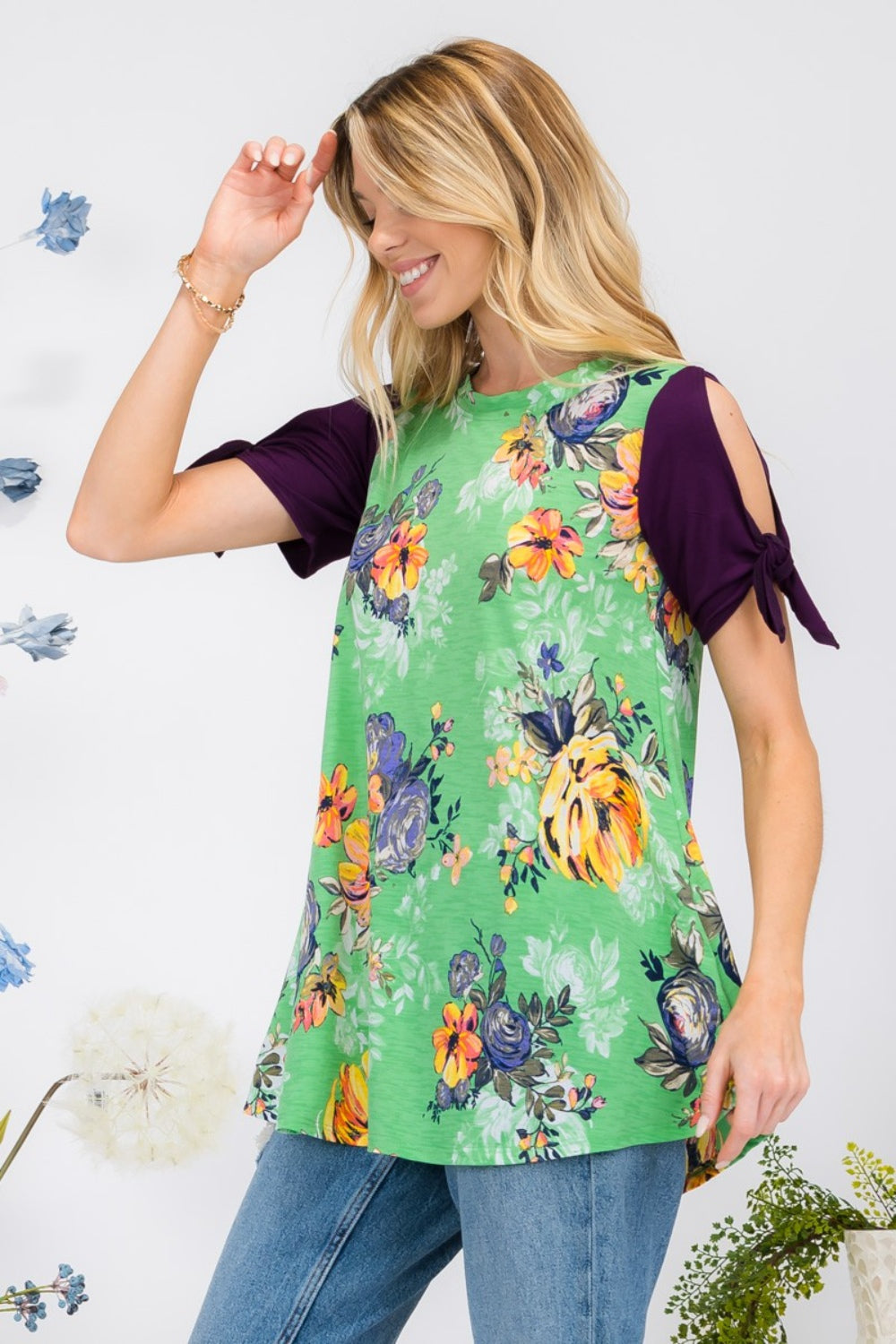 TEEK - Green Floral Celeste Tie Sleeve Blouse TOPS TEEK Trend   