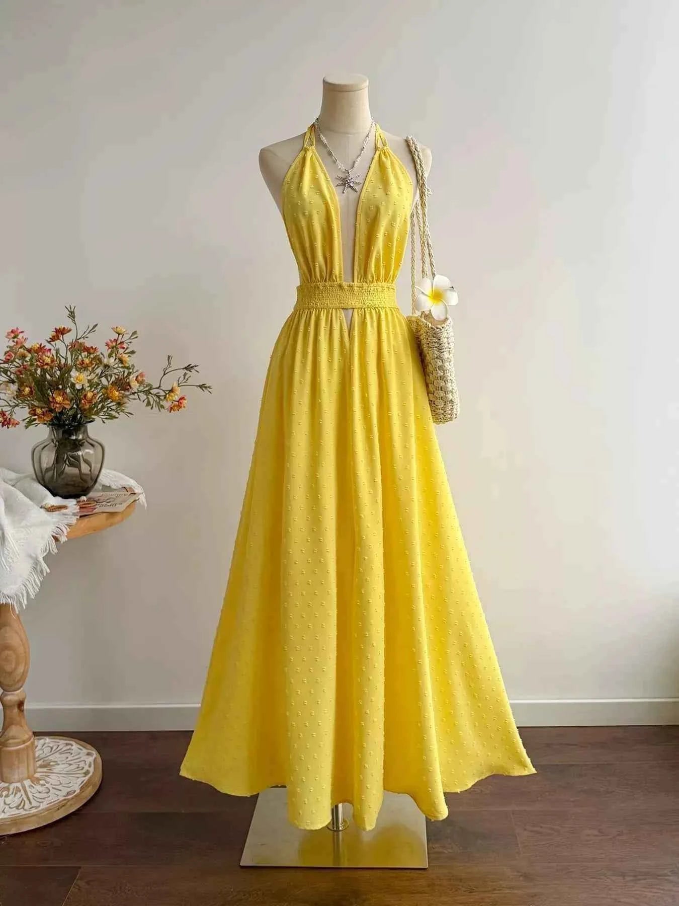 Swiss Dot Halter Neck Dress Trendsi