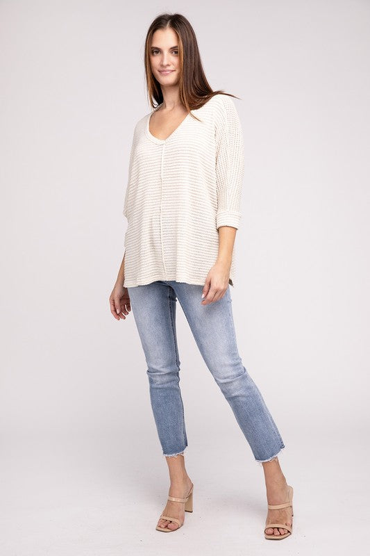 TEEK - 3/4 Sleeve V-Neck Hi-Low Hem Jacquard Sweater SWEATER TEEK FG   