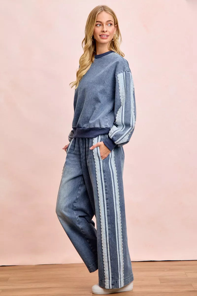 BiBi Washed Denim Lace Contrast Sided Sweatshirt Trendsi