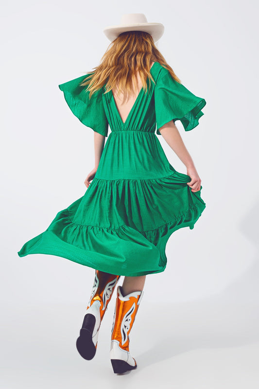 TEEK - Green Smock Double V-necK Dress
