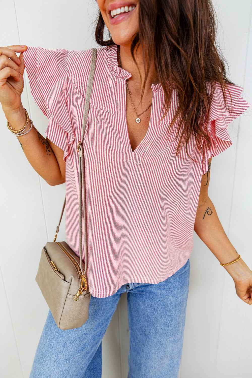 TEEK - Stripe Frilly Split Neck Double Ruffled Short Sleeve Blouse TOPS TEEK Trend