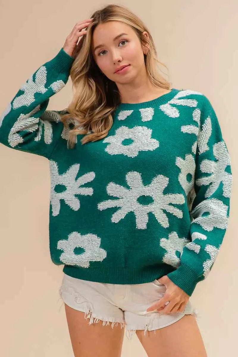 TEEK - Flower Pattern Long Sleeves Sweater Top TOPS TEEK Trend