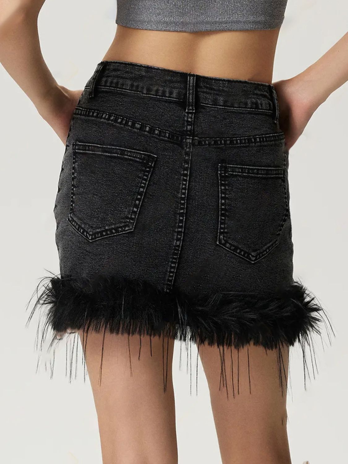 TEEK - Black Plush Hem Mini Denim Skirt TEEK Trend