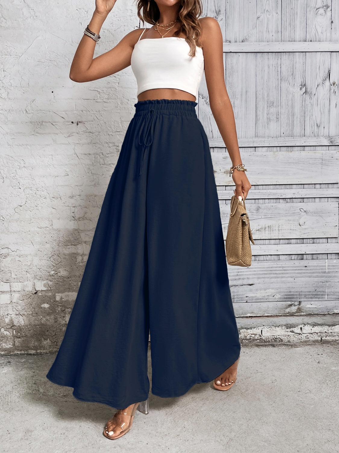 TEEK - Tied High Waist Wide Leg Pants PANTS TEEK Trend Dark Blue S 