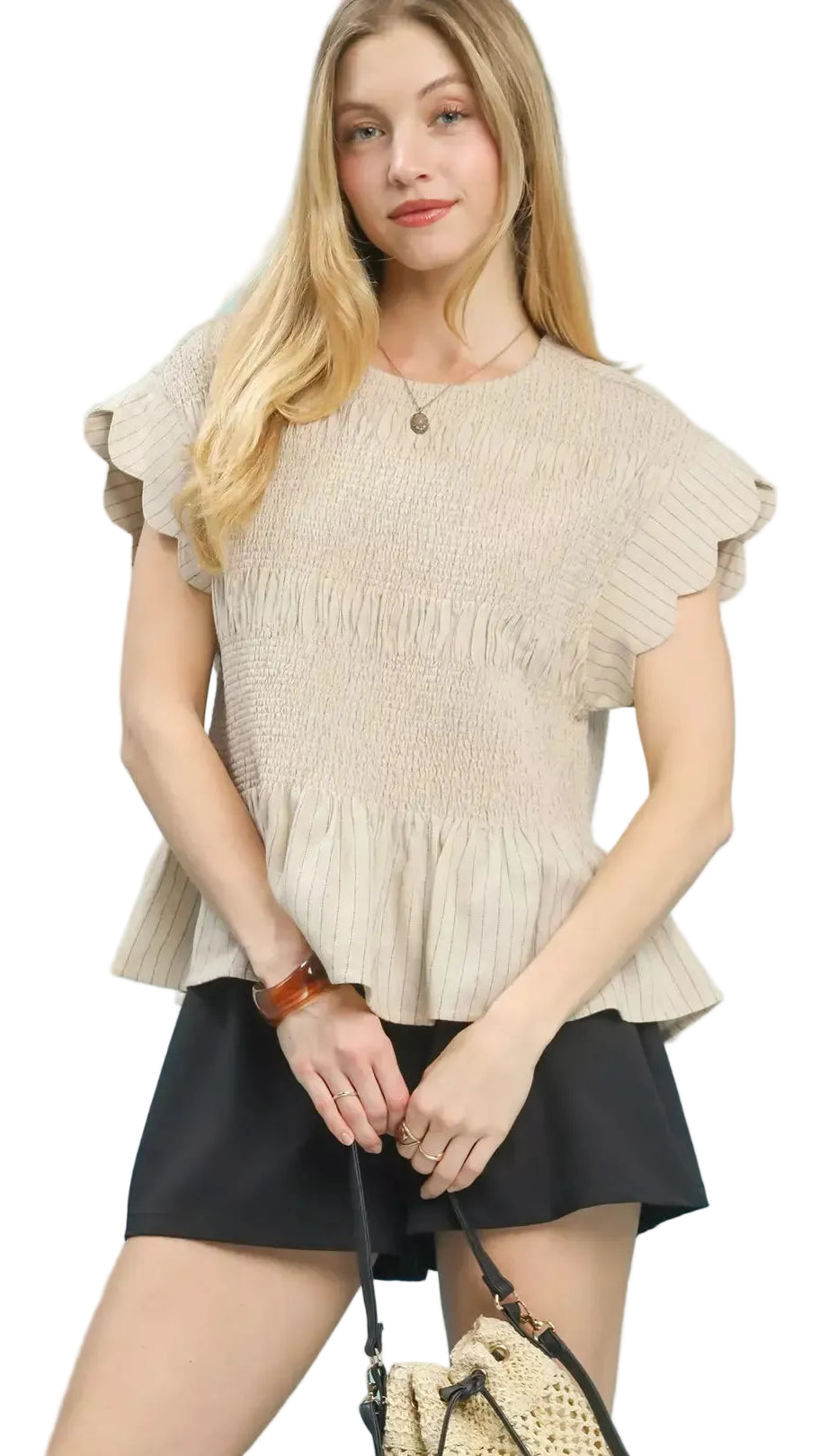 TEEK - Pinstripe Smocked Peplum Top TOPS TEEK Trend OATMEAL S