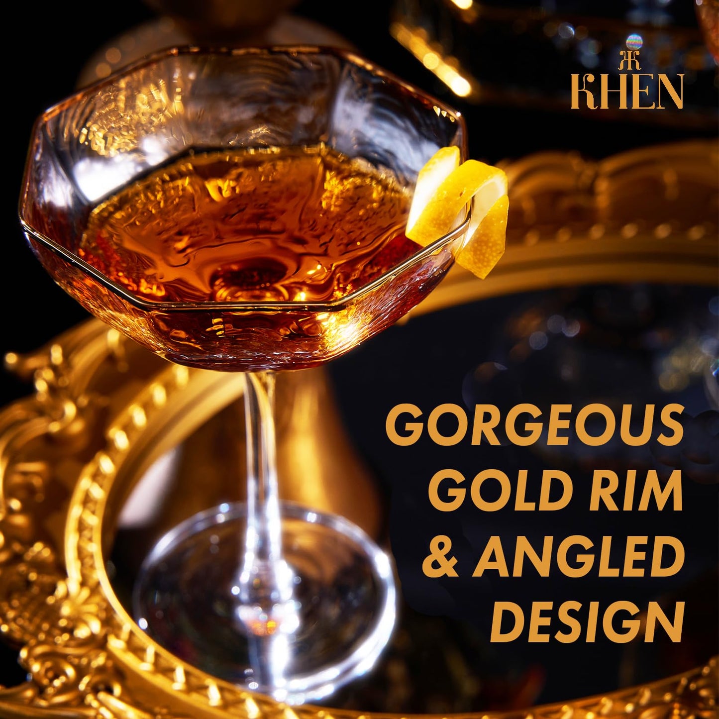 TEEK - Vintage Octagonal Champagne Coupe Cocktail Glasses Set | Gold Rim HOME DECOR TEEK KS