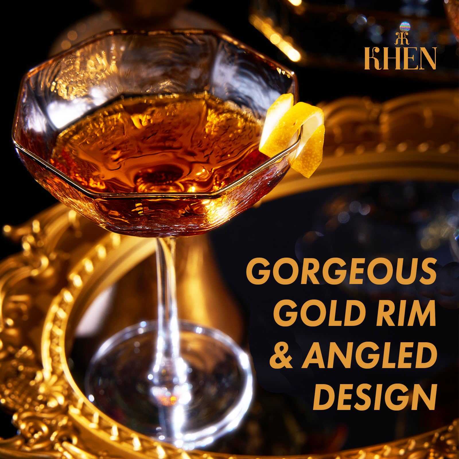 TEEK - Vintage Octagonal Champagne Coupe Cocktail Glasses Set | Gold Rim HOME DECOR TEEK KS