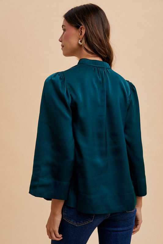 TEEK - Deep Teal Satin Notched Three-Quarter Sleeve Blouse TOPS TEEK Trend