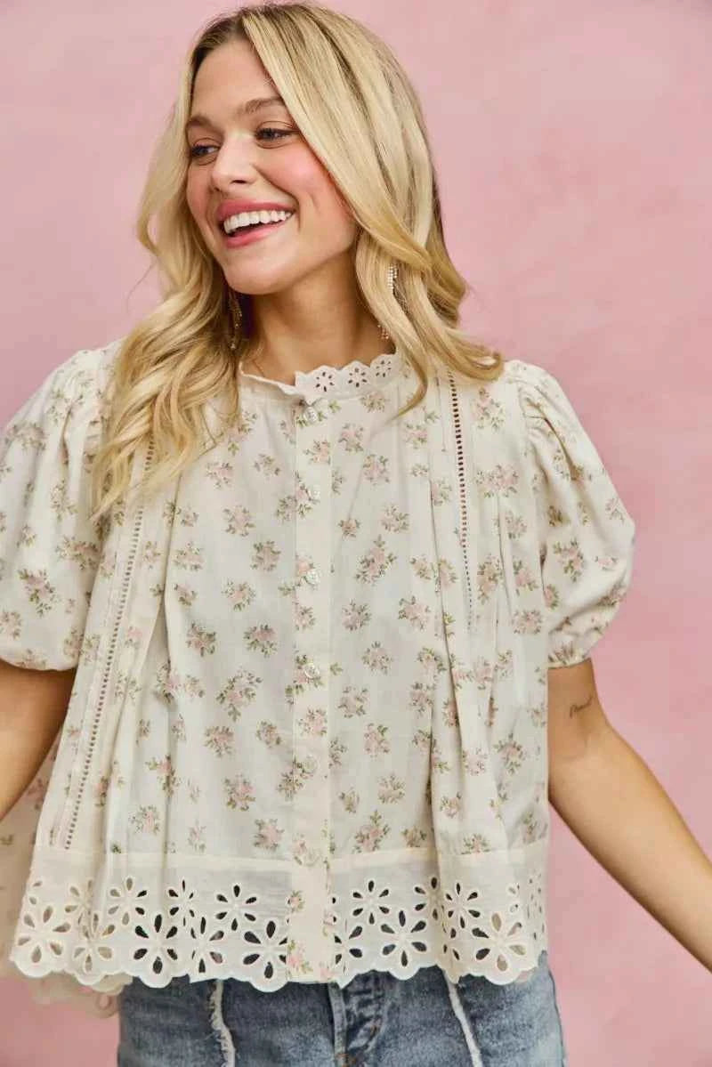 TEEK - Floral Print Lace Trim Short Sleeves Blouse TOPS TEEK Trend