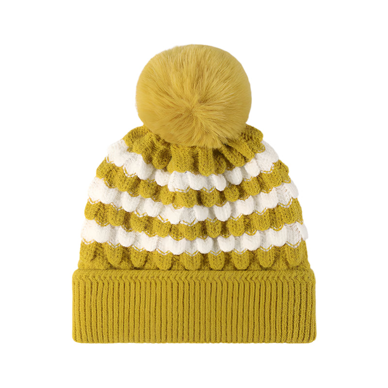 TEEK - Striped Contrast Knit Hat with Pom-pom HAT TEEK Trend Yellow