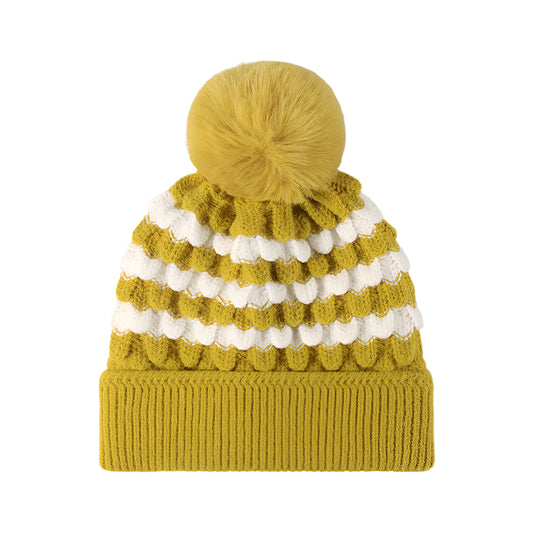 TEEK - Striped Contrast Knit Hat with Pom-pom HAT TEEK Trend Yellow