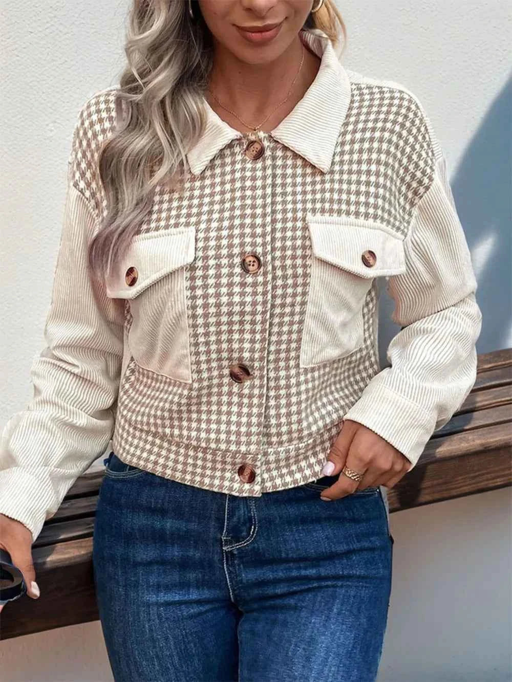 TEEK - Pocketed Houndstooth Long Sleeve Jacket JACKET TEEK Trend