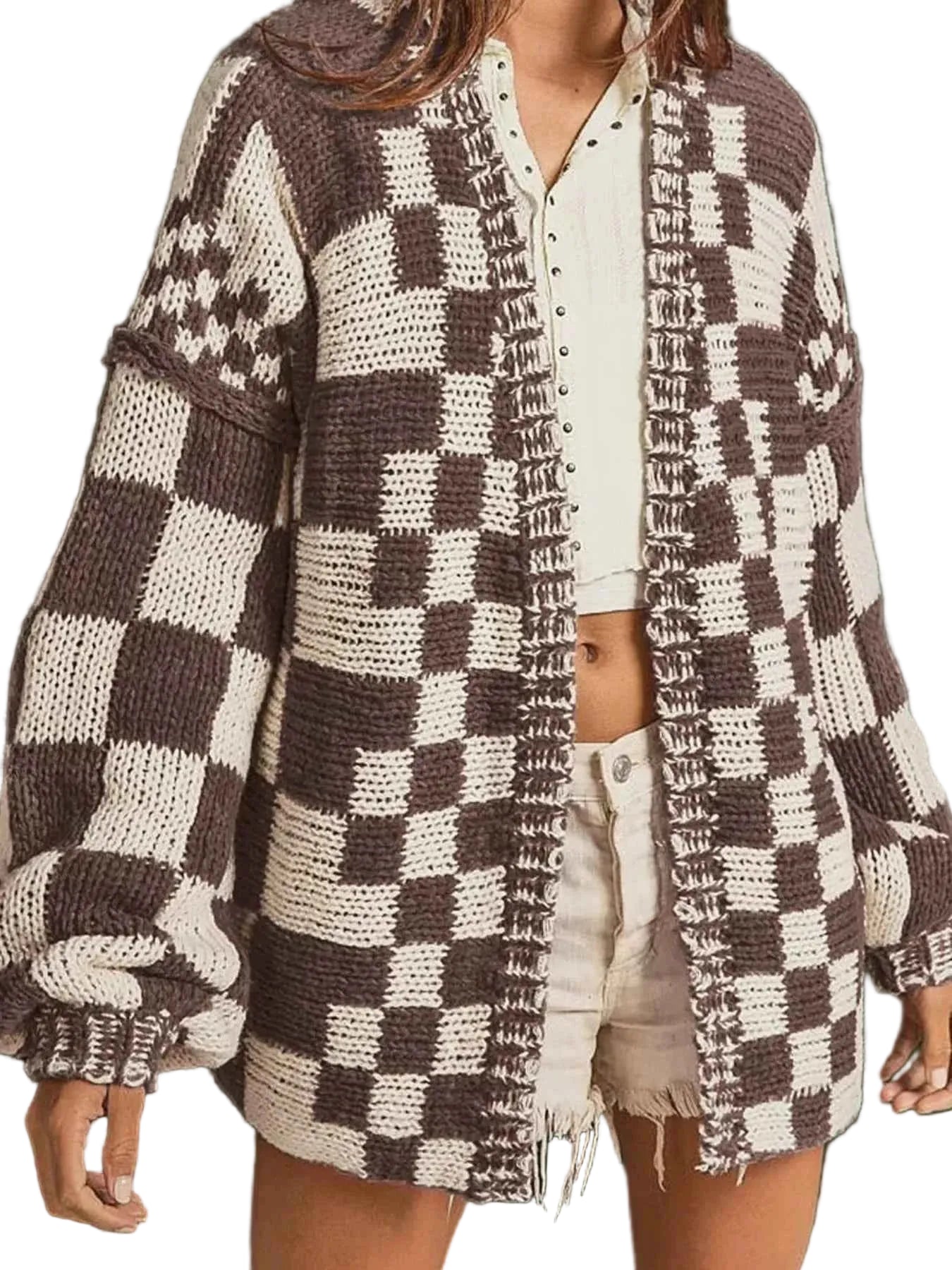 Checkerboard Pattern Sweater Cardigan Trendsi Taupe S
