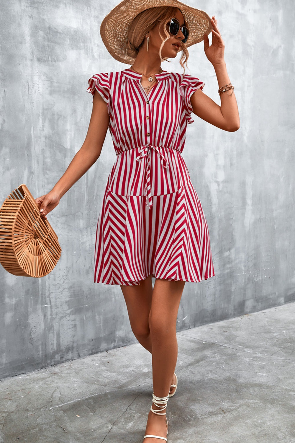 TEEK - Deep Red Ruffled Striped Cap Sleeve Dress DRESS TEEK Trend S  