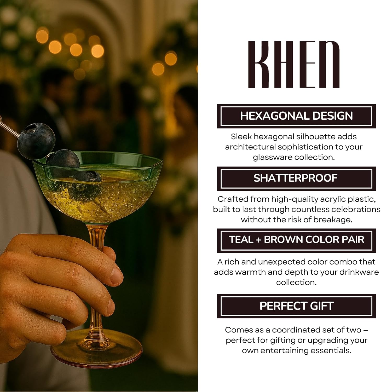 TEEK - Hexagonal Coupe Glasses Set | Teal + Brown HOME DECOR TEEK KS