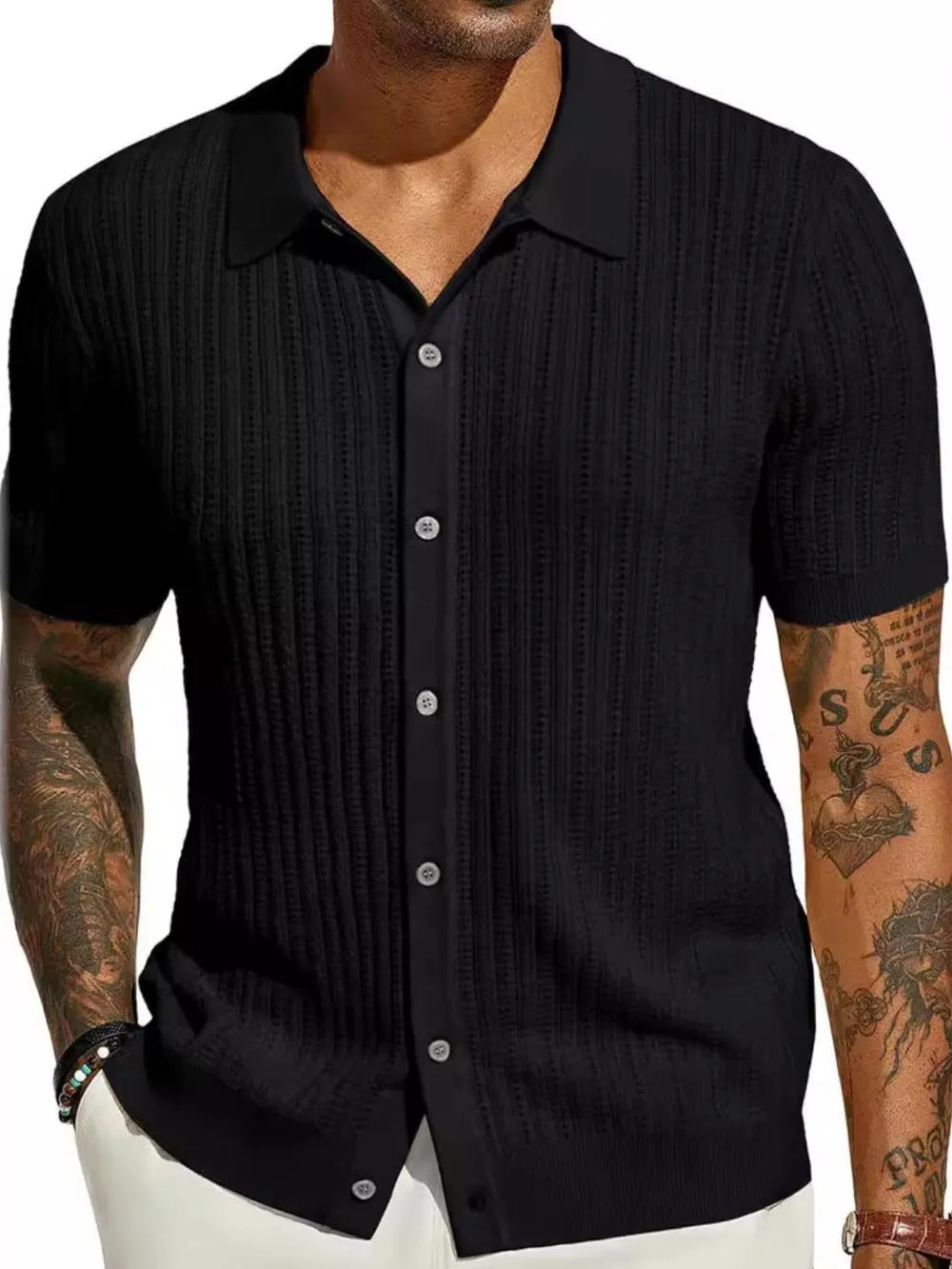 TEEK - Mens Openwork Button Down Collared Neck Shirt TOPS TEEK Trend Black S