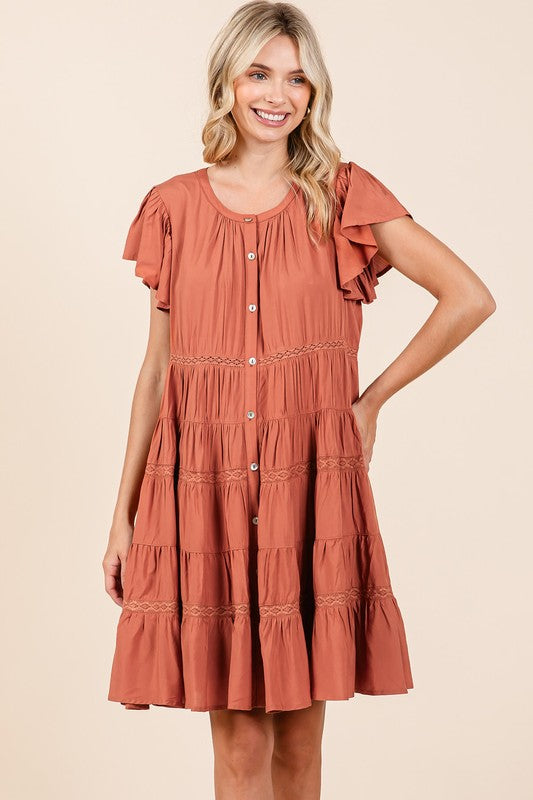TEEK - Pumpkin Lace Ruffled Button Down Tiered Dress DRESS TEEK Trend