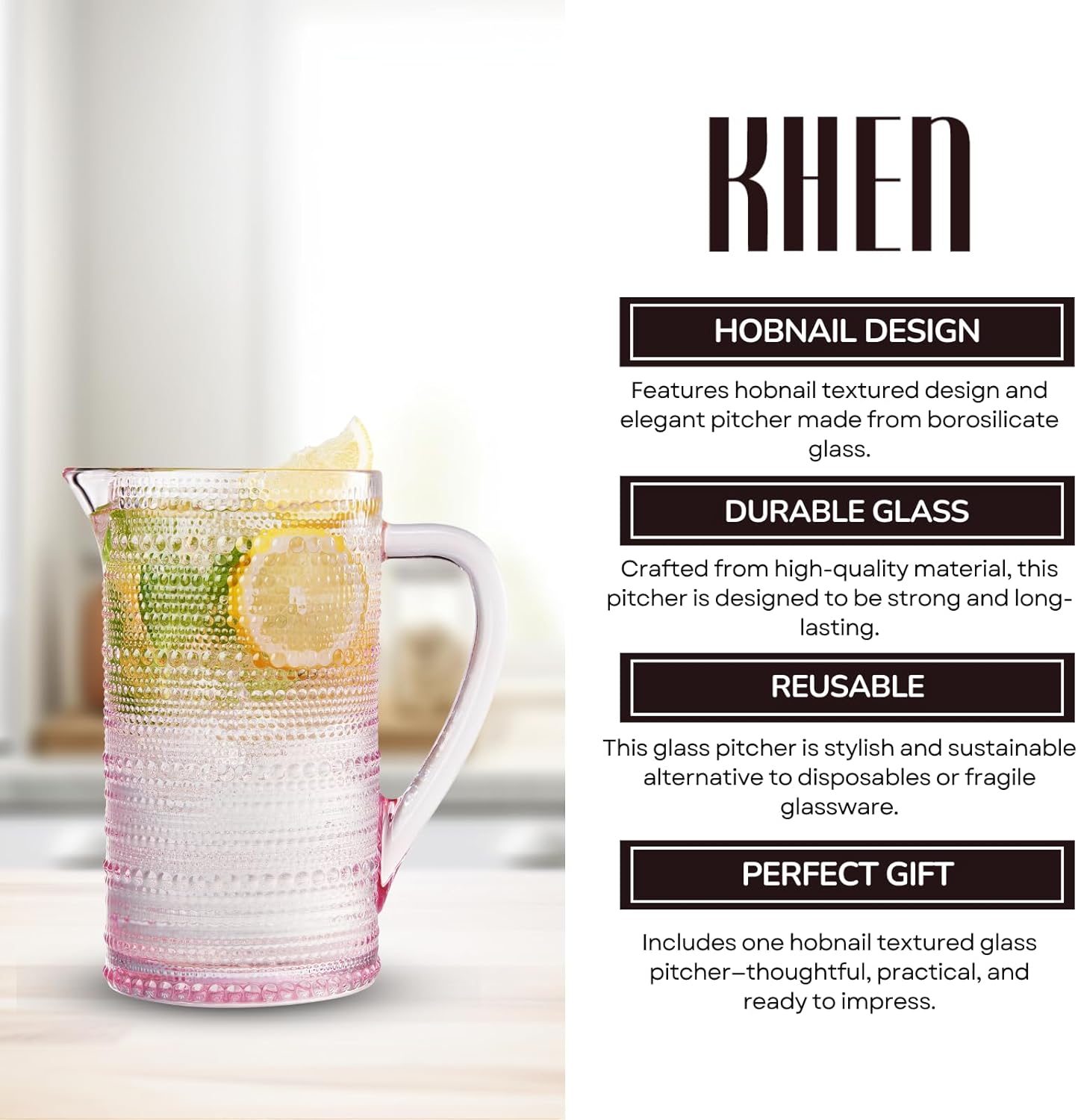 TEEK - Khen Hobnail Pitcher, Vintage Style Textured Borosilicate - 7.8 Inch Pink HOME DECOR TEEK KS