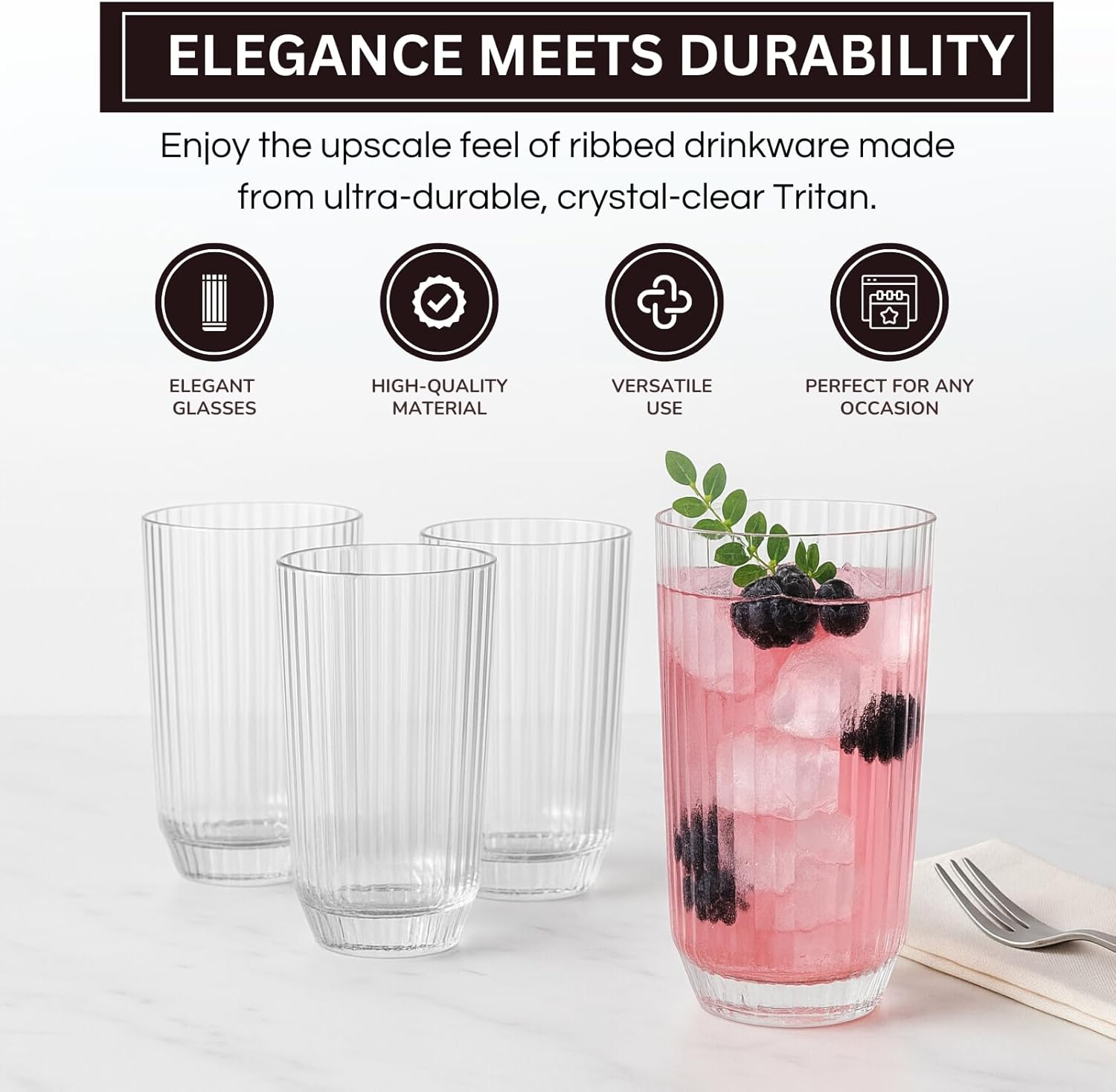 TEEK - Khen Shatterproof Ribbed - Set of 4 Clear 12oz Tritan Tumblers HOME DECOR TEEK KS
