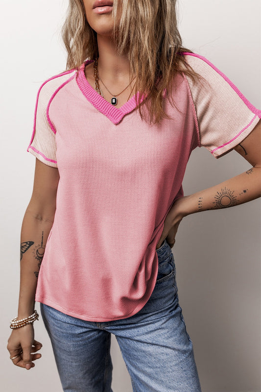 TEEK - Dusty Pink Color Block V-Neck Short Sleeve T-Shirt TOPS TEEK Trend S  