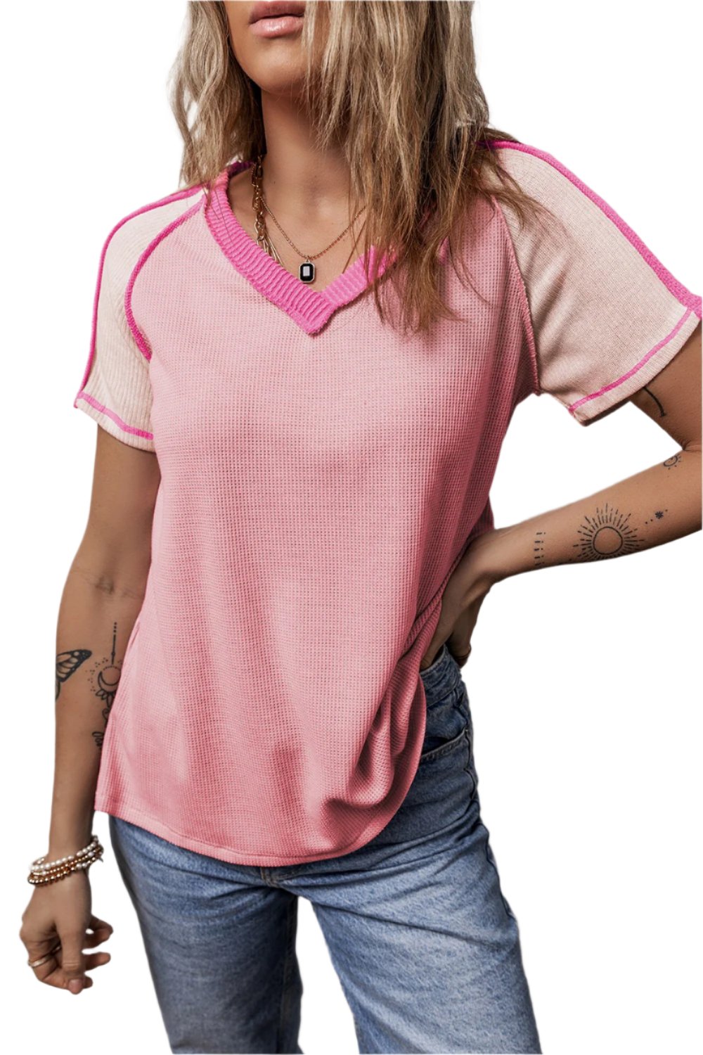 TEEK - Dusty Pink Color Block V-Neck Short Sleeve T-Shirt TOPS TEEK Trend S  