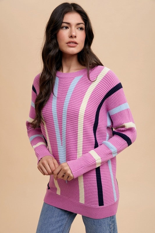 TEEK - Orchid Chevron Stripe Round Neck Ribbed Sweater TOPS TEEK Trend