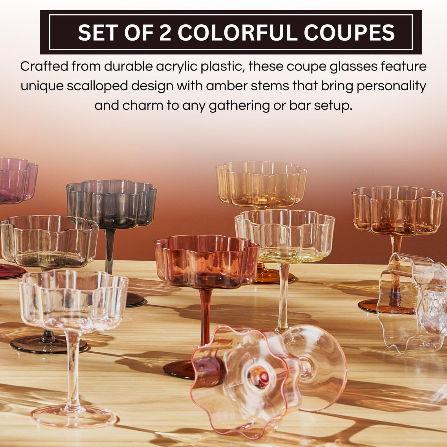 TEEK - Flower Wave Coupe Cocktail Colored Glasses Set | Amber HOME DECOR TEEK KS