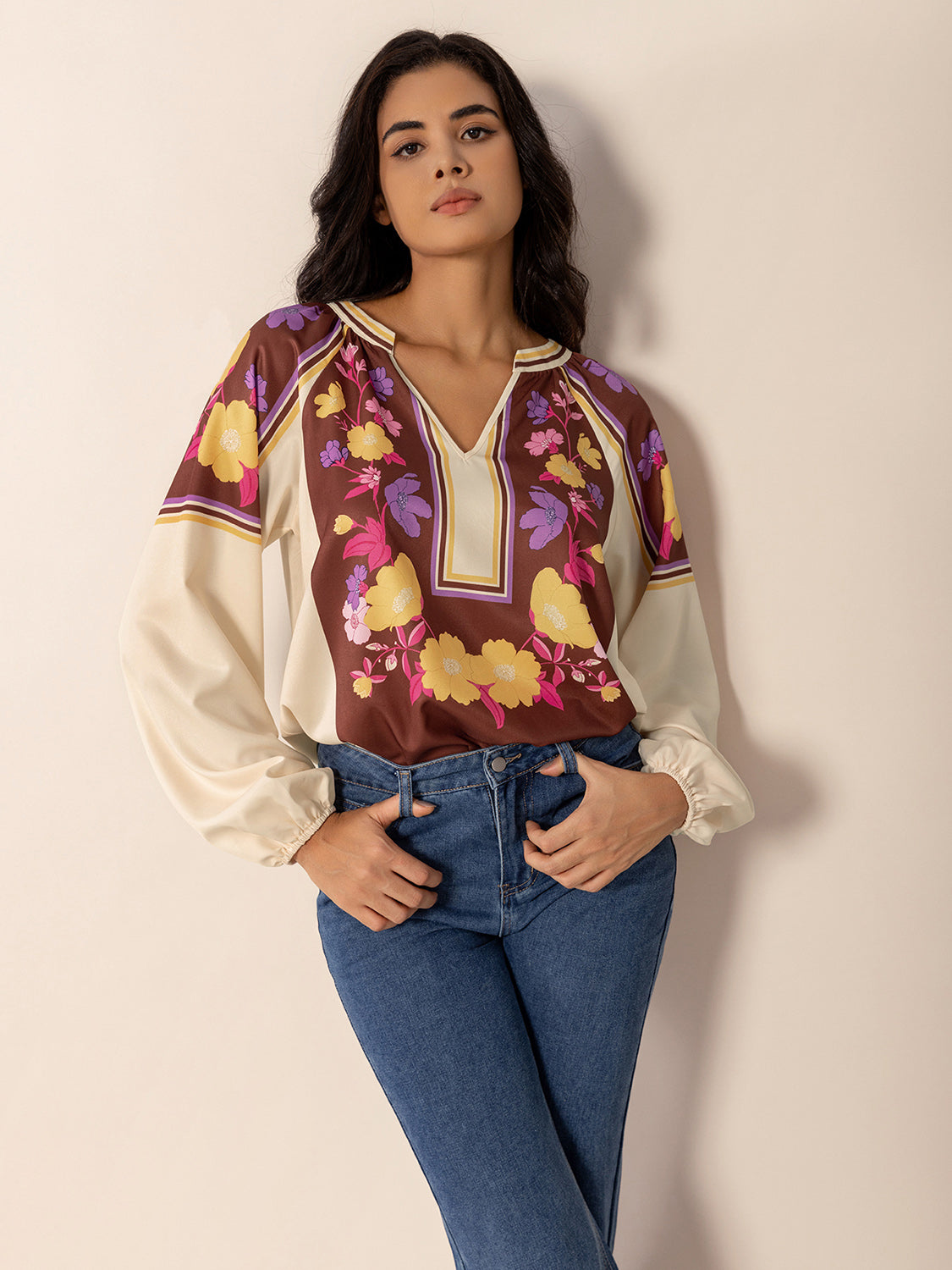 TEEK - Multicolor Printed Notched Long Sleeve Blouse TOPS TEEK Trend