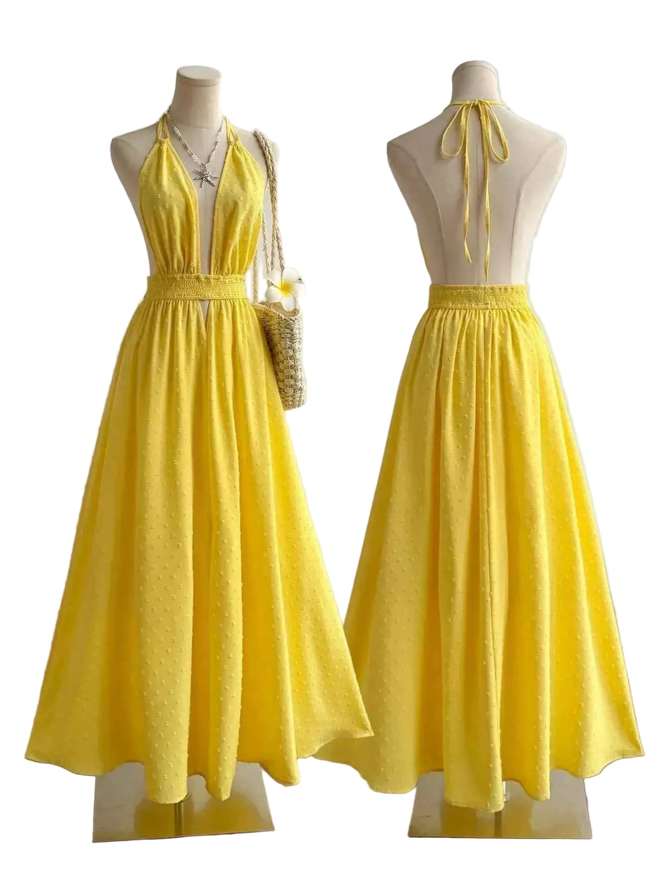 Swiss Dot Halter Neck Dress Trendsi Yellow S