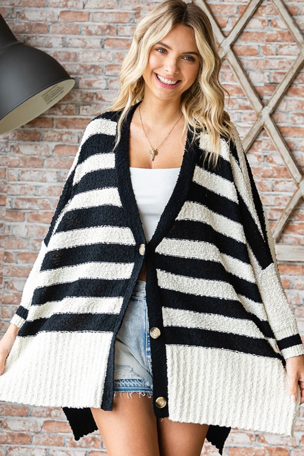 TEEK - Black Textured Striped Button Down Cardigan SWEATER TEEK Trend   