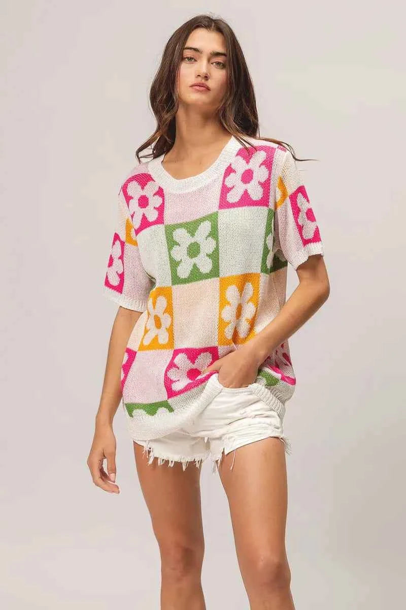 TEEK - Flower Checker Pattern Lightweight Sweater Top TOPS TEEK Trend
