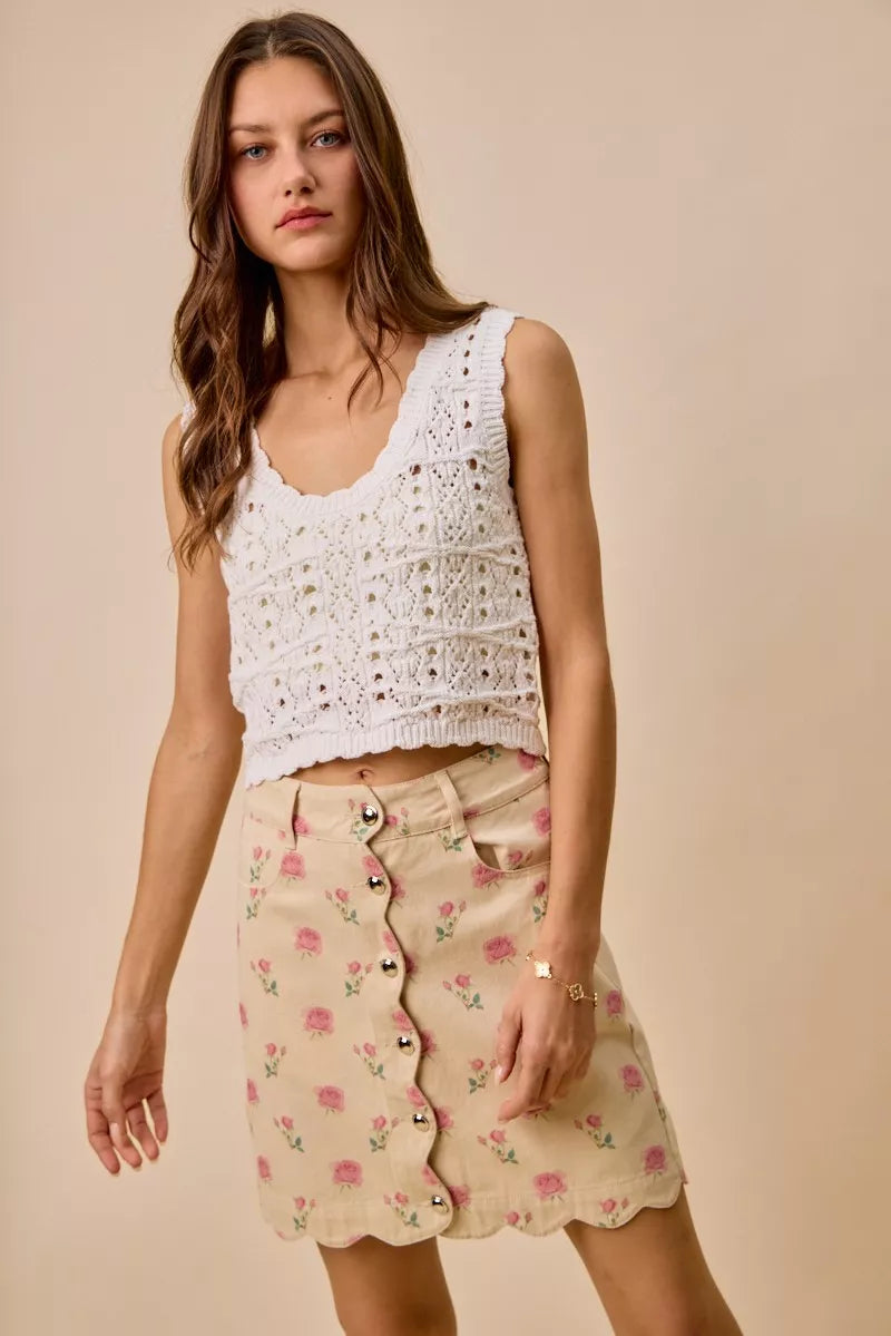 TEEK - Floral Rose Print Cotton Twill Scallop Mini Skirt SKIRT TEEK Trend