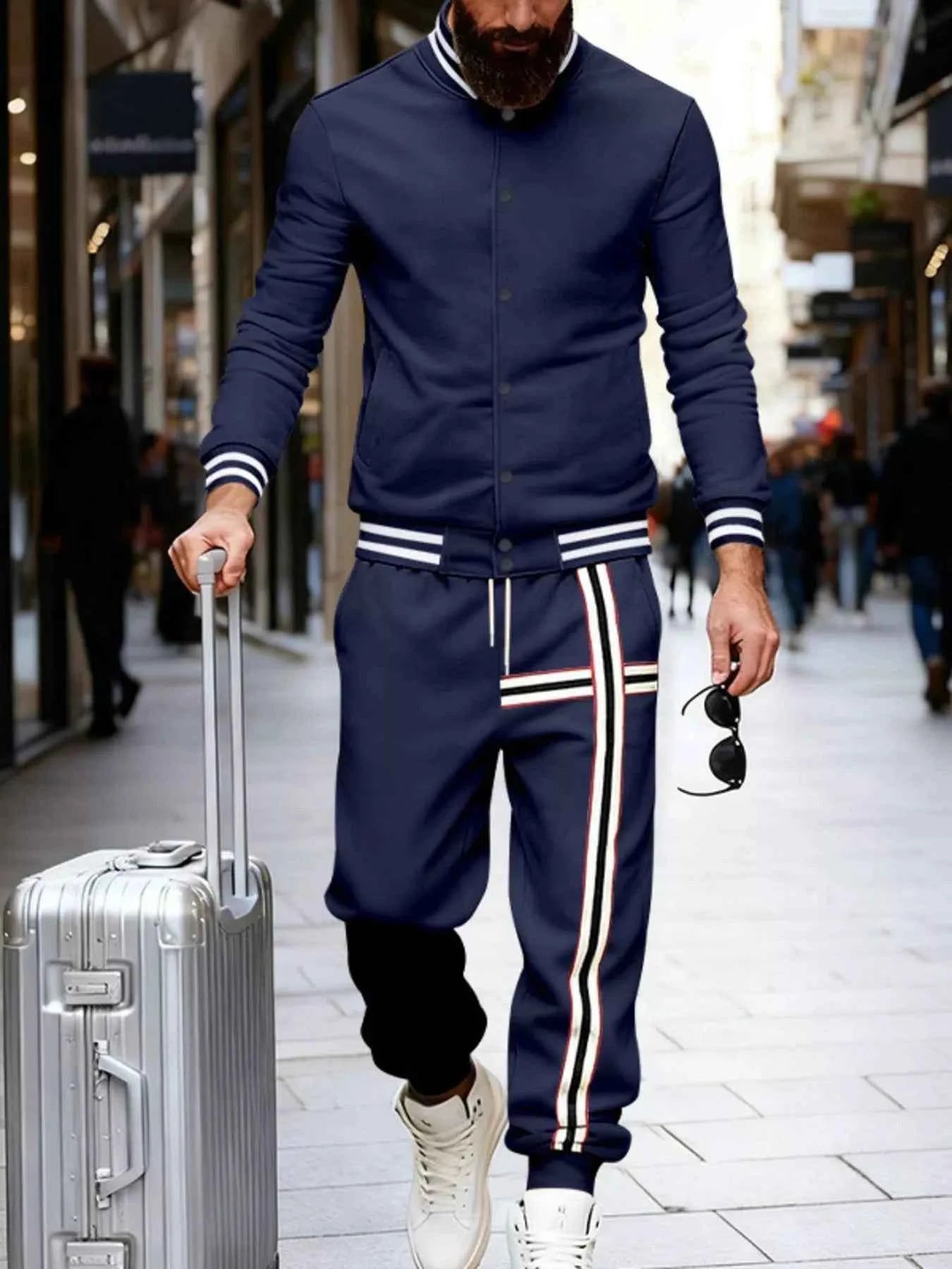 Men's Full Size Striped Long Sleeve Top and Pants Set Plus Size Trendsi Navy Blue S