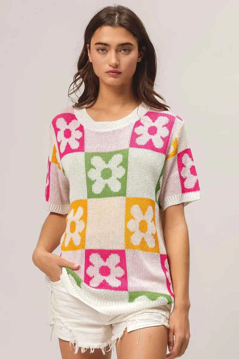 TEEK - Flower Checker Pattern Lightweight Sweater Top TOPS TEEK Trend
